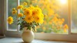 © Emma - Vase with beautiful yellow chrysanthemum flowers on table near window indoors