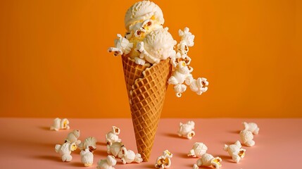 Wall Mural - waffle ice cream cone with popcorn spill out on terracota isolated on colorful background