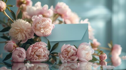 Light blue letter on the mirrored table with a seal around pink peonies, light pastel colors	
