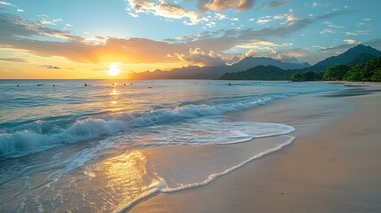 Wall Mural - a serene beach where people are doing morning stretches.