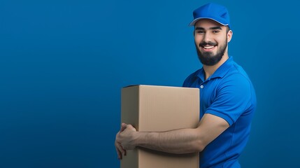 Wall Mural - Delivery Man with Package on Blue Background