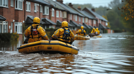 A team of rescue workers in yellow gear on inflatable rafts approaching the front line of flooded houses, surrounded by water and trees.