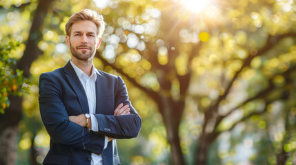 Confident businessman posing outdoors with arms crossed