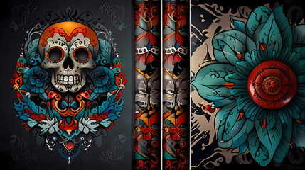 Wall Mural - Background Illustration that blends traditional tattoo theme