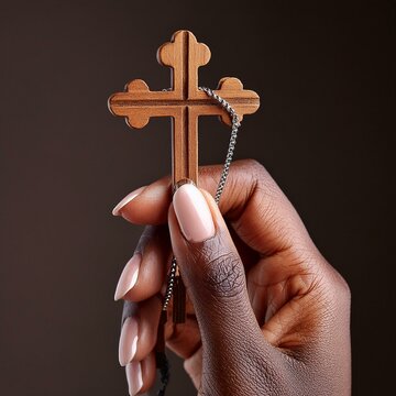 Wooden Christian Cross being held by Dark Skinned Hand - Symbol of Christianity - Believe and Faith in Christ or God - Praying or Wishing - Worshipping of Religion - Asking for Blessing from Above