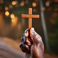Wall Mural - Wooden Christian Cross being held by Dark Skinned Hand - Symbol of Christianity - Believe and Faith in Christ or God - Praying or Wishing - Worshipping of Religion - Asking for Blessing from Above