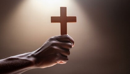 Sticker - Wooden Christian Cross being held by Dark Skinned Hand - Symbol of Christianity - Believe and Faith in Christ or God - Praying or Wishing - Worshipping of Religion - Asking for Blessing from Above
