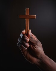 Canvas Print - Wooden Christian Cross being held by Dark Skinned Hand - Symbol of Christianity - Believe and Faith in Christ or God - Praying or Wishing - Worshipping of Religion - Asking for Blessing from Above