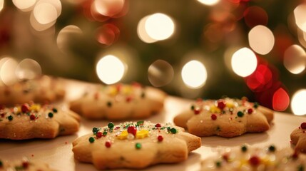 Canvas Print - Cookies with decorations displayed on a white surface in front of a background of blurry Christmas lights