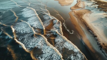 Wall Mural - An aerial perspective of water waves crashing onto a sandy beach, showcasing a natural landscape with a stunning geological phenomenon in motion AIG50