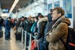 © Artem - Travel, queue and wait with man in airport for vacation, international trip and tourism. Holiday, luggage and customs with passenger in line for airline ticket, departure and flight