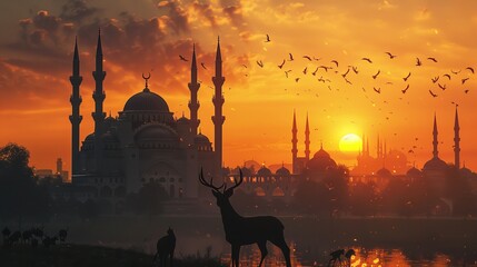 Wall Mural - Deer at sunset against the background of the mosque