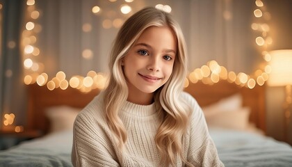 beautiful girl on the bedroom with light bokeh background