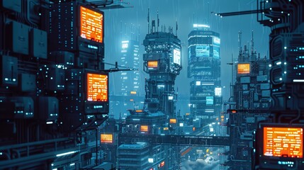 Wall Mural - A futuristic cityscape with neon lights and a large building, AI