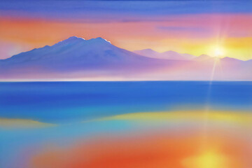 Wall Mural - breathtaking mountain sunset paints the sky in fiery hues, reflecting on the still lake below