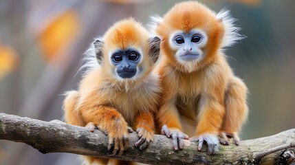 Wall Mural - Cute young monkeyes sitting on branch