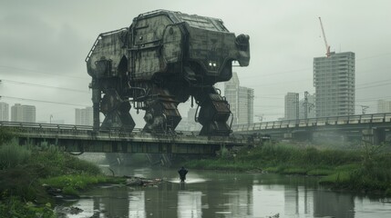 Wall Mural - A giant robot walking across a bridge over water, AI