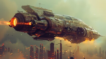 Wall Mural - A futuristic spaceship flying over a city with buildings, AI