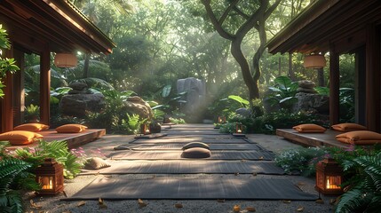 Wall Mural - a serene garden where a yoga class is taking place.