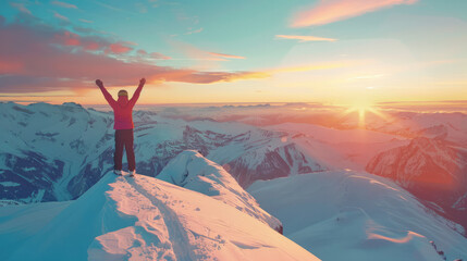 Wall Mural - Person standing triumphantly on the summit of a snow-capped mountain at sunrise, arms raised in victory, with a panoramic view and a vibrant sky, bucket list lifestyle concept