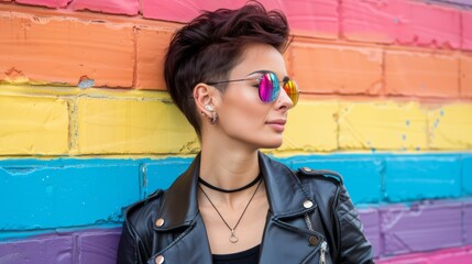 Wall Mural - A woman in a leather jacket and sunglasses leaning against the wall, AI