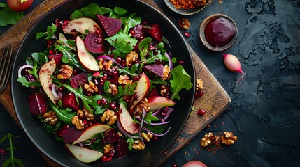 Wall Mural - Gourmet salad with beetroot pear arugula lettuce red onion chard and walnut black kitchen table