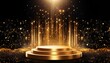 © Stefan - Abstraktes goldenes Podium mit Funkeln auf schwarzem Hintergrund. Futuristisches, elegantes und modernes Design. Perfekt für digitale Kunst, Branding und Webdesign.