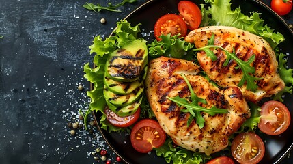 Grilled chicken meat and fresh vegetable salad of tomato avocado lettuce orchid background