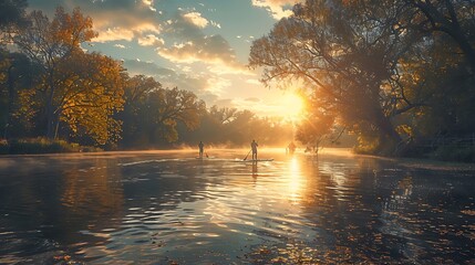 Wall Mural - a serene lake where people are doing paddleboarding.