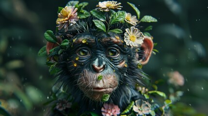 Wall Mural - A monkey with flowers on its head and leaves in the hair, AI