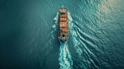 Aerial view of a cargo ship navigating through blue ocean waters