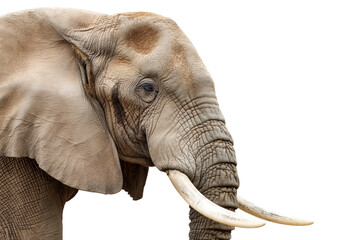 A large elephant with tusks is standing in front of a white background, transparency background PNG