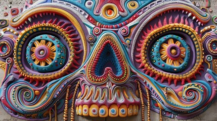 Sticker - A colorful skull painted on a wall with many eyes, AI