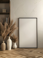 Mockup frame in a minimalist interior scene with a touch of rustic charm, textured beige wall, three white ceramic vases, dried pampas grass. Gen AI