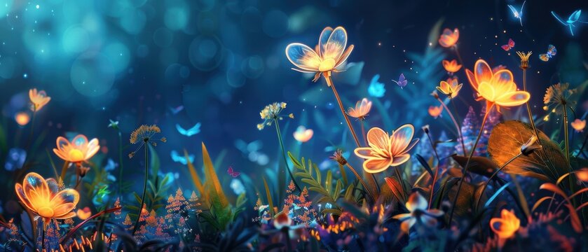 fantasy meadow with glowing flowers and mythical creatures