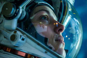 closeup generative ai picture of astronaut male female floating through space galaxy planet moon sta