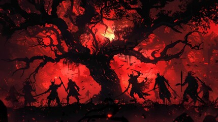 Wall Mural - In a dense forest, a nimble killer runs through the ranks of the bandits inflicting fatal blows, dodging arrows. Illustration in two dimensions.