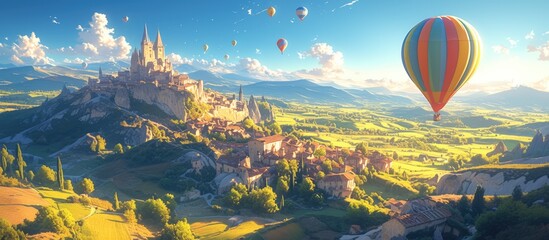 Wall Mural - Colorful hot air balloons flying over the mountain at sunrise
