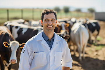 Poster - Generative AI image of handsome man professional veterinarian on farm