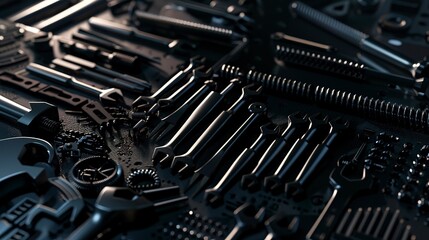 Canvas Print - Factory maintenance toolkit close-up, arranged tools, no people, sharp focus, high contrast lighting 