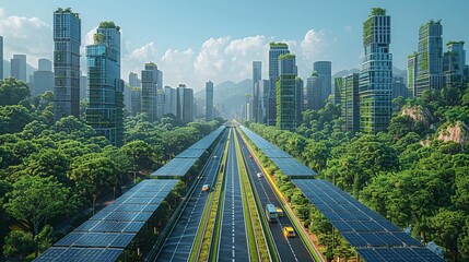 Futuristic cityscape with green architecture, solar panels, and abundant greenery, blending urban development with sustainable living.