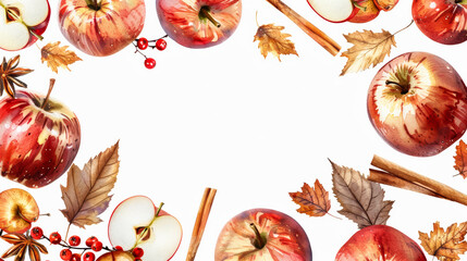 Wall Mural - Autumn apples and cinnamon sticks in warm shades of red and brown, watercolor frame with white empty space for text in the center isolated on a white background 