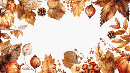 Wall Mural - Autumn fruits and nuts in rustic shades of amber and brown, watercolor frame with white empty space for text in the center isolated on a white background 