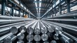 © Paul - Stacked steel round bars, organized rows in a large warehouse, metallic textures, bright lighting, expansive space