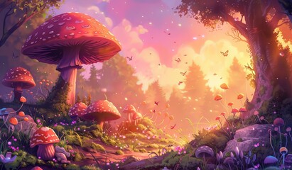 Wall Mural - Grass, flowers, foliage, autumn beautiful colors modern season illustration with mushroom garden with wild animals in a magical forest landscape in summer, cats, turtles, fantasy trees, and sunset