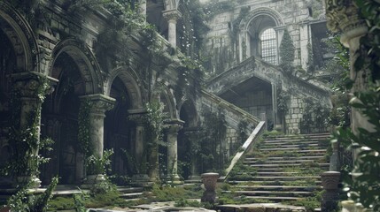 An image of a ruins of a mysterious fantasy medieval temple covered in ivy.