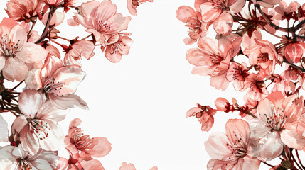 Wall Mural - Delicate cherry blossom watercolor frame with central white text area, isolated on a white background 