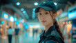 © ImageFlow - Woman in a security guard uniform inside a mall, with a blurred background showing illuminated signs. Concept of mall security.  Generative AI