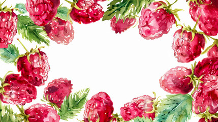 Wall Mural - Vivid raspberry fruit watercolor frame with white text area in the center, isolated on a white background 