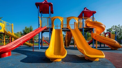 Empty children's playground with bright yellow slides, vibrant and inviting, clean and well-maintained, captured under a clear blue sky